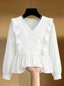 SHEIN Tween Girl Blouses Spring Autumn Winter New Woven White Casual Sweet Lady Solid Color Lace Patchwork Ruffle Long Sleeve Shirt, Doll Style Shirt, Back To School Season, Fashion Versatile - White - View 7