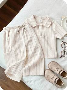 SHEIN 2pcs/Set Baby Boy/Girl Apricot Summer Casual Work Khaki Striped Collar Short Sleeve Knit Shirt Top And Pants Set,Versatile Comfortable Daily Outfit - Apricot - View 1