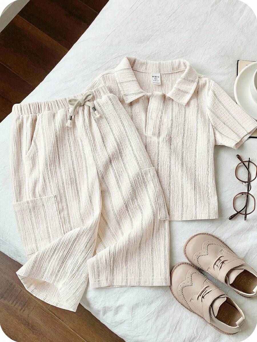 SHEIN 2pcs/Set Baby Boy/Girl Apricot Summer Casual Work Khaki Striped Collar Short Sleeve Knit Shirt Top And Pants Set,Versatile Comfortable Daily Outfit - Apricot - View 1
