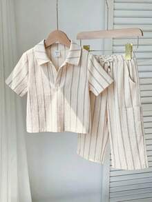 SHEIN 2pcs/Set Baby Boy/Girl Apricot Summer Casual Work Khaki Striped Collar Short Sleeve Knit Shirt Top And Pants Set,Versatile Comfortable Daily Outfit - Apricot - View 4