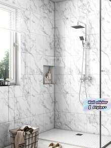 10-Piece Set (0.9m²) White Faux Marble Tile-Effect Self-Adhesive Wall Stickers – Waterproof, Moisture-Resistant, And Ideal For Covering Imperfections (Aluminum-Plastic Composite Material) - Blue and White - View 3