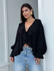 Yohana Edit Elegant Linen Blend Ruffle Hem Sheer Blouse Black - Black - View 5