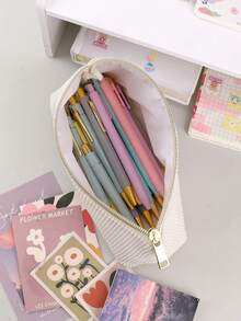 A Large-Capacity, Multi-Functional Pencil Case Made Of Plush Fabric With A Diamond Pattern And Solid Color Design. Suitable For Students And Offices, A Popular Stationery Accessory For The Back-To-School Season. - apricot - View 4
