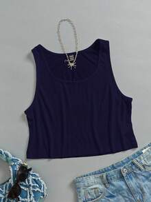 SHEIN EZwear 女款休閒深U領寬鬆短版背心，海軍藍，適合夏季 - 藏蓝色 - 查看 3