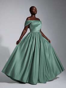 Elitara Plus Size Elegant Classy Formal Romantic Sage Green Off-Shoulder Ruched Pleated Puff Sleeve A-Line Evening Dress For Party Wedding Guest Dinner Date - Green - View 6