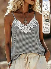 Louniche Women's Summer Lace Striped Vacation Tank Top - Black and White - View 3