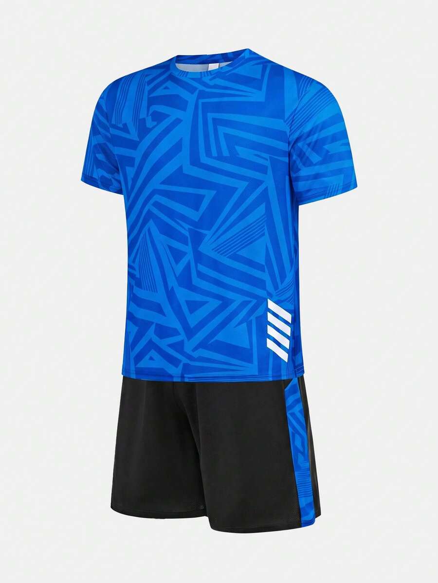 SHEIN 2件/組 青少年男孩休閒短袖上衣與短褲套裝，運動風、街頭風、龐克搖滾、校園風，適合春夏季，日常穿著、派對、音樂節 - 彩色 - 查看 1