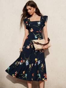 BELROSIE Ditsy Floral Design Flutter Sleeve Square Neck Tie Back Pleated Hem Midi Dress For Women Vacation Navy Blue Floral Summer Romantic Elegant - Multicolor - View 2