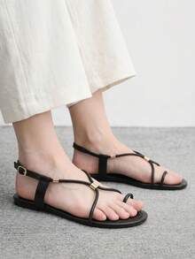 CUCCOO BIZCHIC French-Toed Roman Sandals For Women, Cross-Strapped Metal Embellishment, Flat-Bottomed Comfortable And Versatile Women's Shoes - Black - View 5