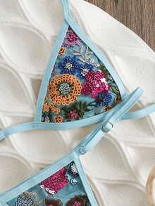 Swim Vcay Women's Fashion Sequin Embroidered Halter Tie Tank Top And Triangle Bikini Bottom Swimsuit Set - Multicolor - View 4