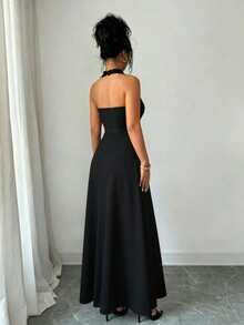 Celisse Women's Applique Decor Backless Halter Long Dress - Black - View 2
