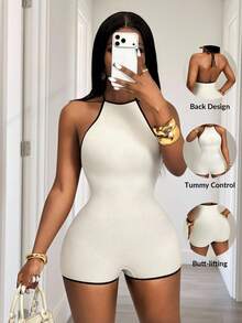 BamGleam Seamless Knit Trim Contrast Color Sexy Jumpsuit Bodysuits For Women Romper Club Summer , Vacation Halter Neck Tummy Control Shapewear - Beige - View 10