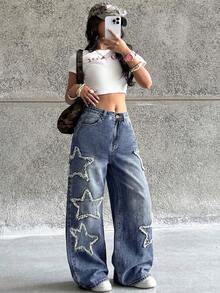Coolane Teen Girls Rapper Athleisure Grunge Star Pattern Washed Jeans - Medium Wash - View 6