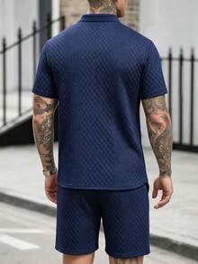 Manfinity CasualCool Knitted Jacquard Casual Solid Color Patchwork Men's Polo Set - Multicolor - View 2