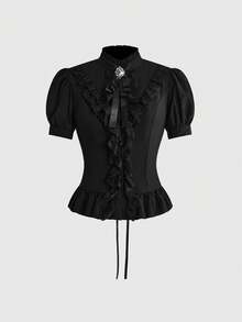 ROMWE Dark Gothic Court Style Lace Trim Stand Collar Petal Sleeve Slim Fit Blouse - Black - View 7