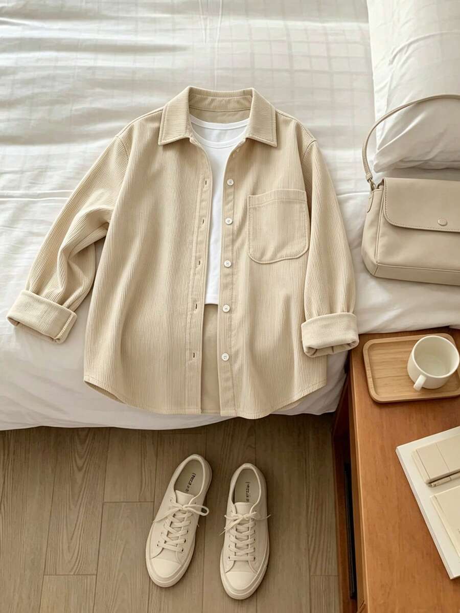 SHEIN 青少年女孩條紋輕量防曬襯衫,春夏季度假旅行穿搭 - 米色 - 查看 1