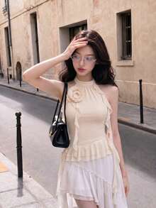 SHEIN MOD Vintage 3d Flower Design Halter Neck Slim Fit Top With Fluttering Ribbons, Apricot Color - Apricot - View 2