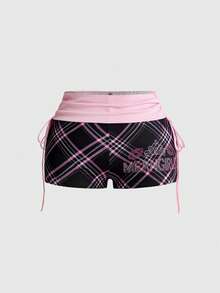 Mean Girls | ROMWE Plaid Print Plus Size Women's Side Tie Shorts - Pink - View 1