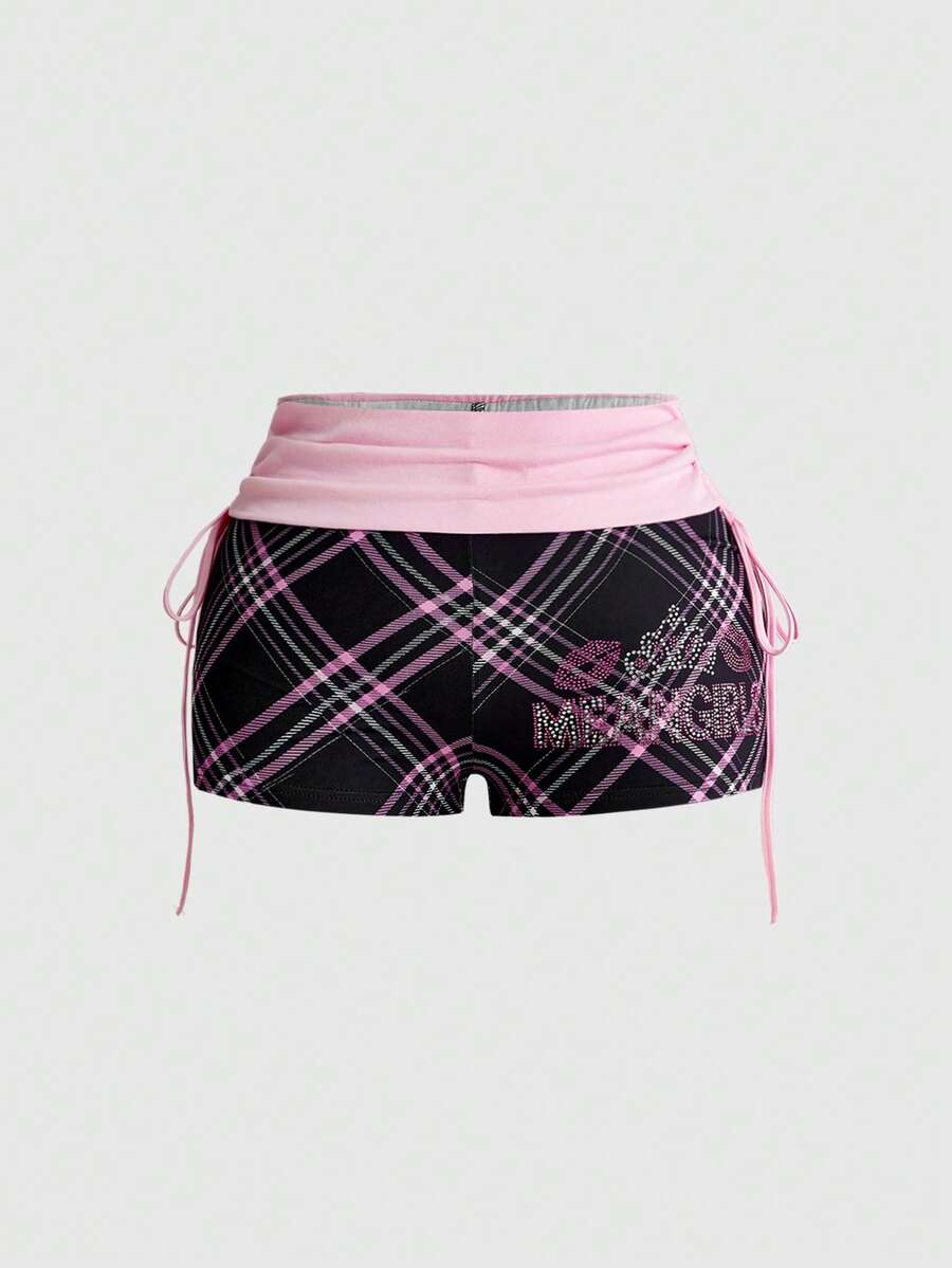 Mean Girls | ROMWE Plaid Print Plus Size Women's Side Tie Shorts - Pink - View 1