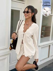 Serisse Women's Elegant 100% Cotton Solid Color Two Piece Set Tie Front Long Sleeve Top And Scallop Shorts Teachers' Day Office Brunch Back To School Autumn - Apricot - View 4
