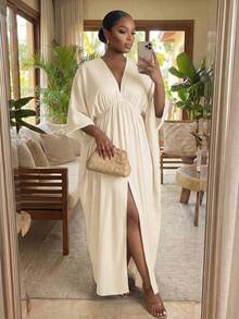 SHEIN Lady CURVE Abito casual da vacanza taglie forti colore unito con maniche a pipistrello - Albicocca - Visualizzare 3