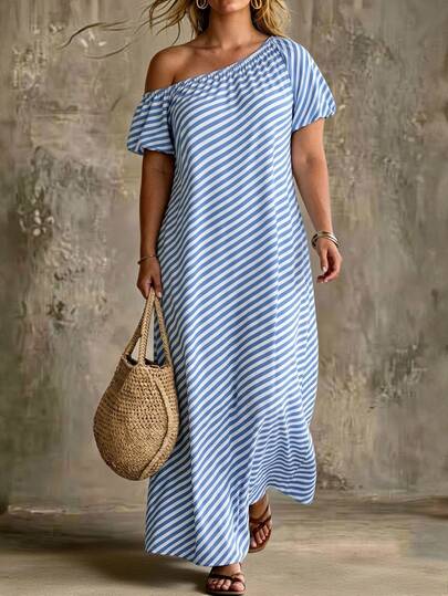 Ceyna Camisa de manga corta con cuello de solapa a rayas verticales azules y blancas para mujer de talla grande, verano 2027, corte holgado, hombros caídos, puños enrollados, bolsillos laterales, abotonadura sencilla, top de largo medio, favorecedor y estilizante, estilo casual versátil que combina con todo, apto para usar como capa interior o exterior