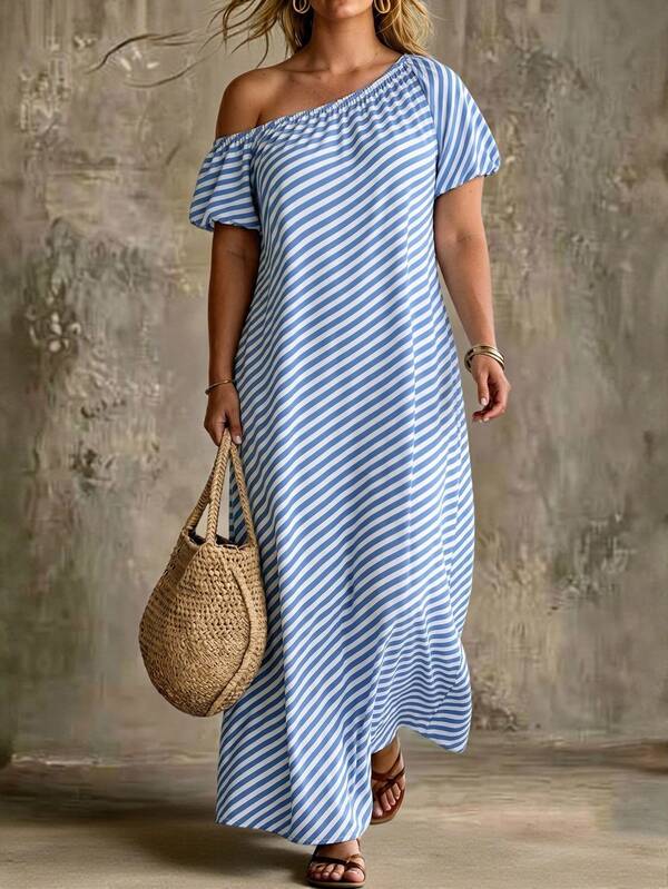 Ceyna Chemise d'été 2027 pour femmes grande taille, rayures verticales bleues et blanches, col à revers, manches courtes, coupe ample, épaules tombantes, poignets retroussés, poches latérales, simple boutonnage, Top mi-long, flatteur et amincissant, style décontracté polyvalent assorti, convient pour la couche intérieure ou le port extérieur