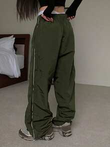DAZY Women's Wide Leg Loose Casual Low Waist Long Pants Y2K Fall - Army Green - View 4