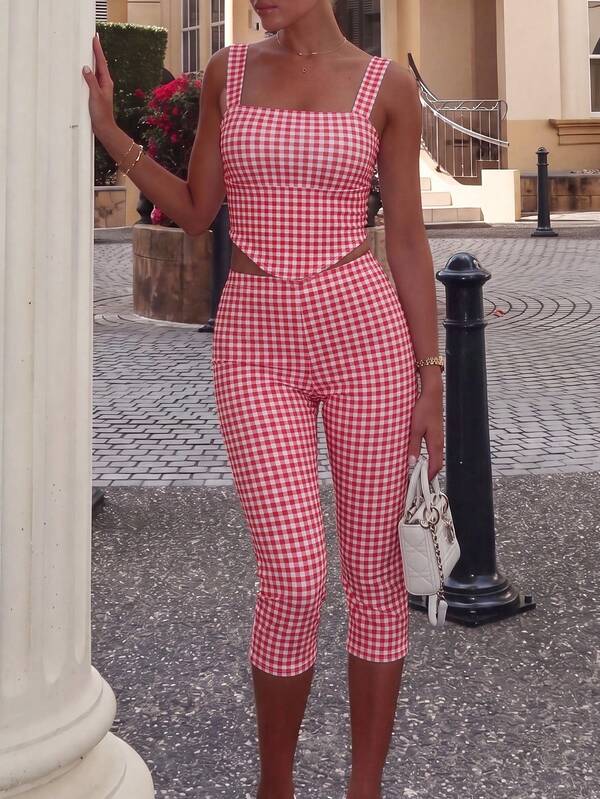 MainGRL Red And White Plaid Plaid Camisole And Capri Pants Knit Set Oktoberfest Vacation Summer Cute