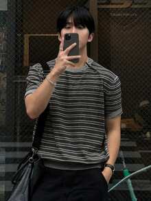 DAZY Men's Short Sleeve Striped Crew Neck Button Asymmetric Placket Knit Top - Multicolor - View 6