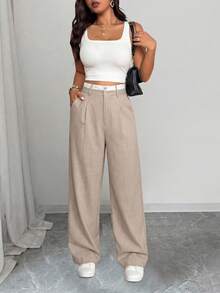 SHEIN Tall Plus Size Women Contrast Waist Straight Leg Pants - Multicolor - View 4