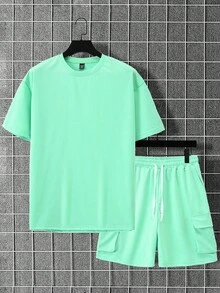 Manfinity Homme Men's Solid Color Crew Neck Short Sleeve T-Shirt And Drawstring Waist Cargo Shorts 2-Piece Set - Mint Green - View 3