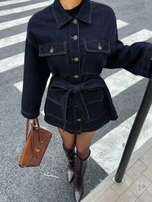 SHEIN 青少年女孩深藍色牛仔夾克附腰帶，寬鬆長袖 - 藍色 - 查看 7