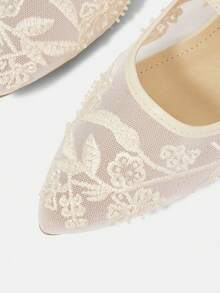 CUCCOO HITCHD 女款網紗刺繡串珠設計方頭瑪麗珍鞋，簡約扣環，法式低鞋面軟底透氣鞋 - 杏色 - 查看 4