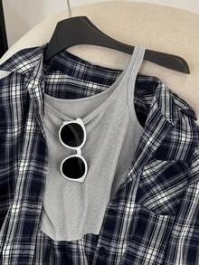 Franclia Set de 2 piezas de top de tirantes de unicolor casual y camisa a cuadros, otoño - Multicolor - Ver 3