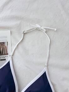 SHEIN 夏季少女纯色简约海军蓝白撞色吊带比基尼套装，休闲沙滩度假装，夏季新款少女比基尼泳装，两件式泳衣，少女两件式泳装 - 藍白色 - 查看 5