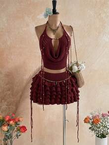 Soleia Women's Spring/Summer Romantic Tropical Boho Vacation 2 Pieces Set: Draped Neck Crochet Tank Top, Steel Bead Tassel Decor + Multi-Layer Ruffle Skirt - Burgundy - View 11