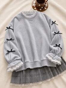 SHEIN Sparklyn 女童韓式刺繡蕾絲領拼接喇叭袖落肩寬鬆套頭運動衫，單件，適中厚度，適合春秋日常休閒、返校、度假穿著 - 灰色 - 查看 5