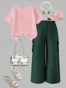 SHEIN Elladie kids 2件組 青少年女孩粉色與萊姆綠夏季可愛休閒開學T恤工裝褲套裝 優雅派對洋裝 - 彩色 - 查看 2