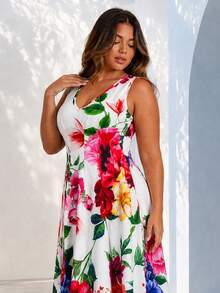 ELLERISSA Curve Elegant White Floral Print V-Neck A-Line Midi Dress For Women,Summer Boho Vacation Holiday Bachelorette Party Wedding Guest Plus Size - Multicolor - View 5