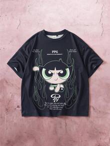 THE POWERPUFF GIRLS X SHEIN Men's Summer Casual Cartoon Print T-Shirt - Black - View 1