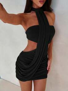Aloruh Women's Asymmetric Ruffle Hem Bodycon Mini Dress, Suitable For Vacation, Sexy,Party Dresses For Women - Black - View 5