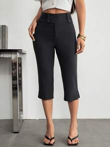 SHEIN PETITE Pantalones Capri de cintura baja con abertura para mujer, estilo casual y lindo para primavera/verano, a rayas de colores, pantalones a rayas, pantalones casuales, pantalones de vacaciones, pantalones para salir, pantalones estilo Y2K, pantalones vintage - Negro - Ver 7