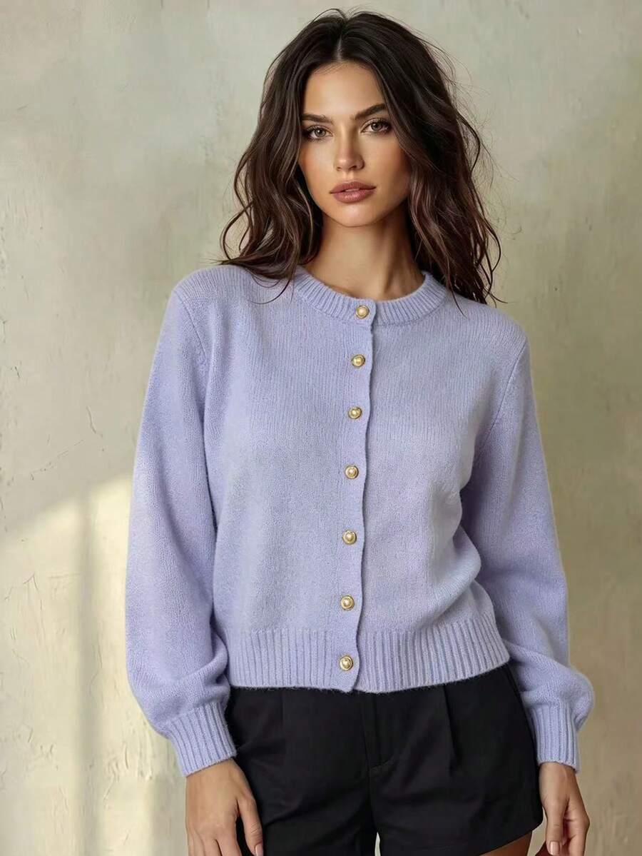 Franclia Women's Simple Versatile Elegant Solid Color Long Sleeve Cardigan - Blue - View 1