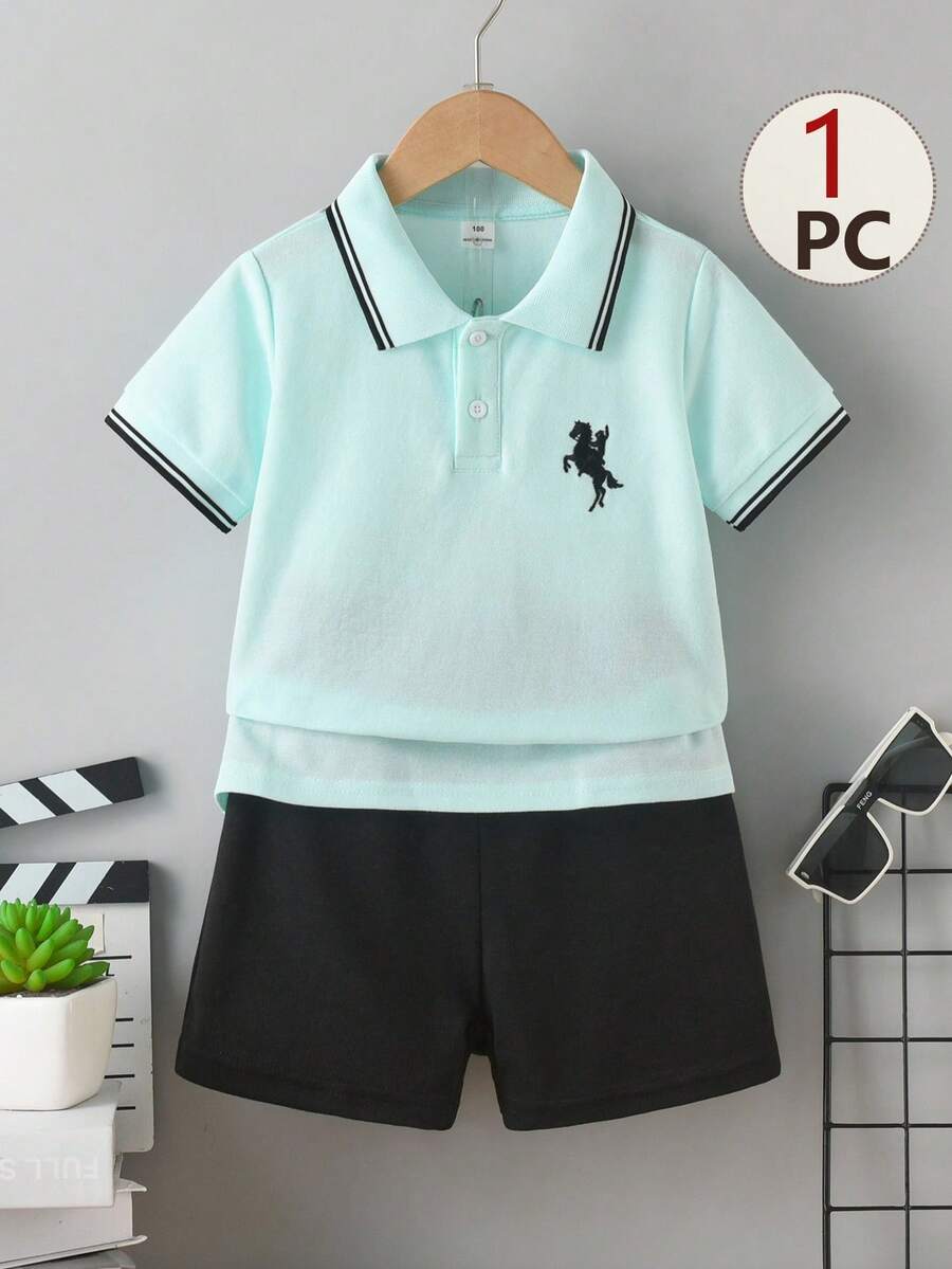 SHEIN Young Boy Knight Striped Short Sleeve Casual Polo Shirt - Mint Green - View 1