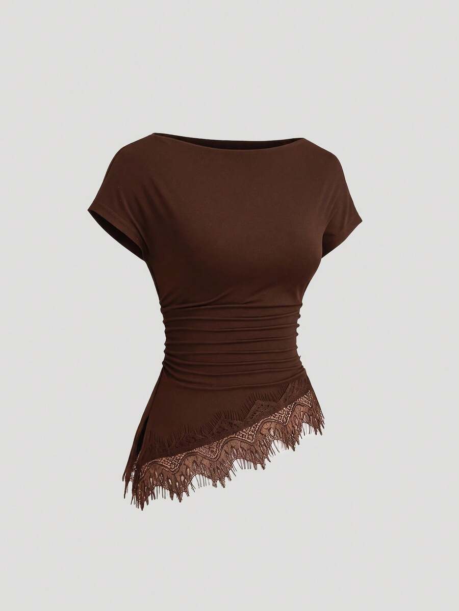 Sweetra Women's Lace Patchwork Ruched Slim Fit Versatile Casual T-Shirt - Coffee Brown - View 1