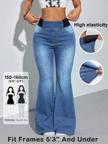SHEIN PETITE Women's Colorblock Elastic Waist Casual Versatile Flare Jeans - Medium Wash - View 8