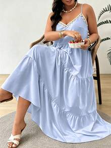 SHEIN Clasi Plus Size Women's Ruffle Hem A-Line Cami Dress With Neckline Decor - Baby Blue - View 3