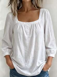 Weeklong Women's Plus Size Spring/Summer Casual Vacation Square Neck Button Mid-Sleeve Solid Color Shirt, Suitable For Daily And Vacation Wear - White - View 1