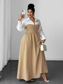 Maweii French Casual Striped Patchwork 2 In 1 Long Sleeve Plus Size Dress For Women Fall - Khaki - View 1